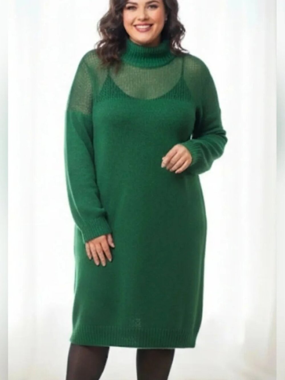 Elloquii Women's Plus Size Turtleneck Mini Sweater Dress with Sheer Shoulder